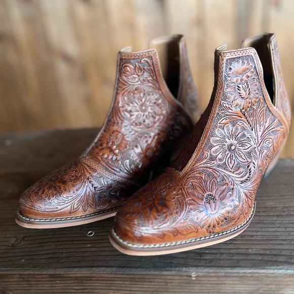 Dakota Charm Hand Tooled Genuine Leather Bootie Cowboy Boot Western Tan Brown - Picture 6 of 10